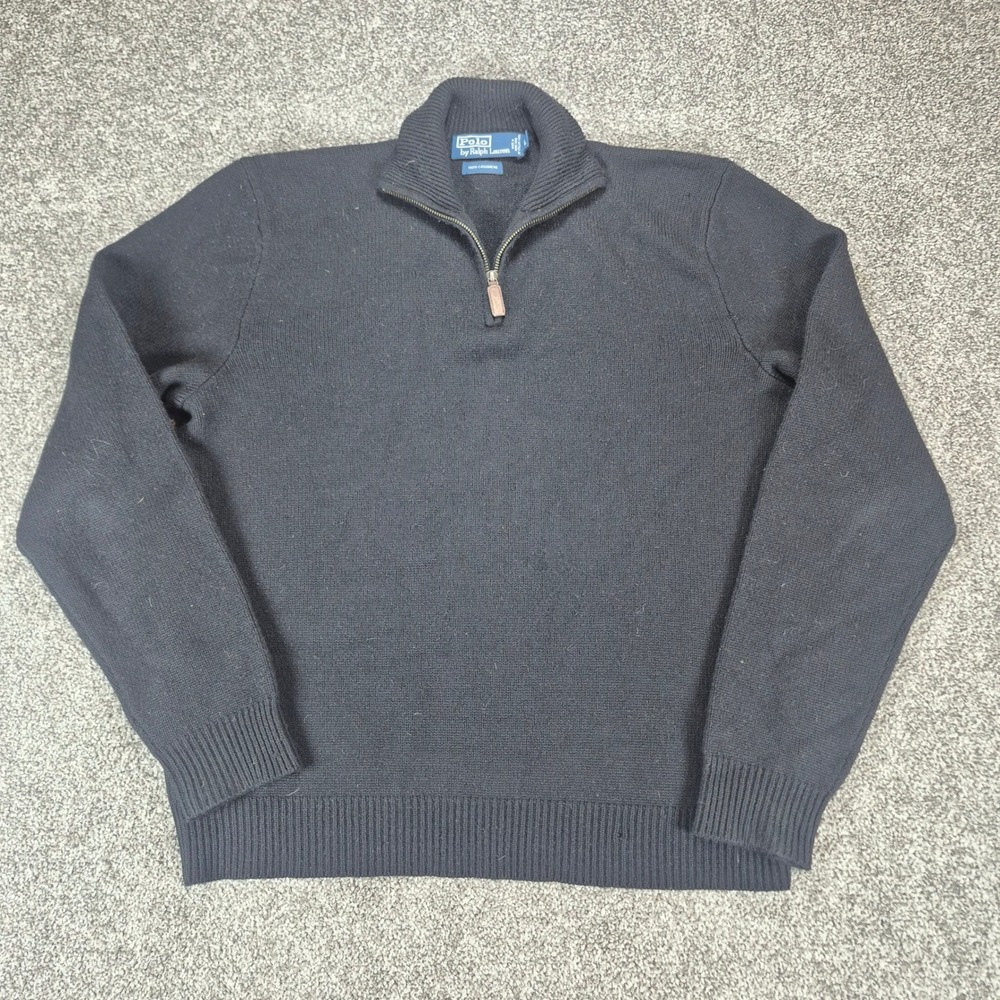 VTG Polo Ralph Lauren 100% Cashmere Sweater Mens Large Black 1/4 Zip Pullover